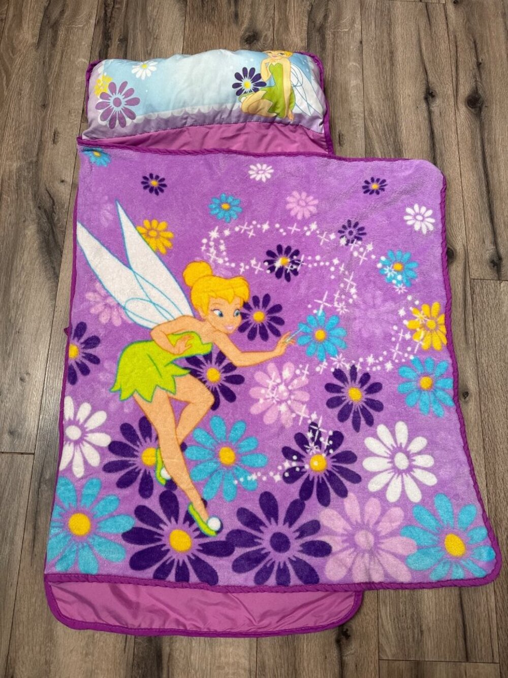 Disney VTG Y2K Tinker Bell Purple Sleeping Bag With Built-In Pillow For Kids 58"